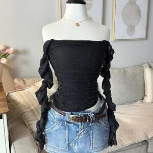 Black Glitter Off-Shoulder Ruched Top